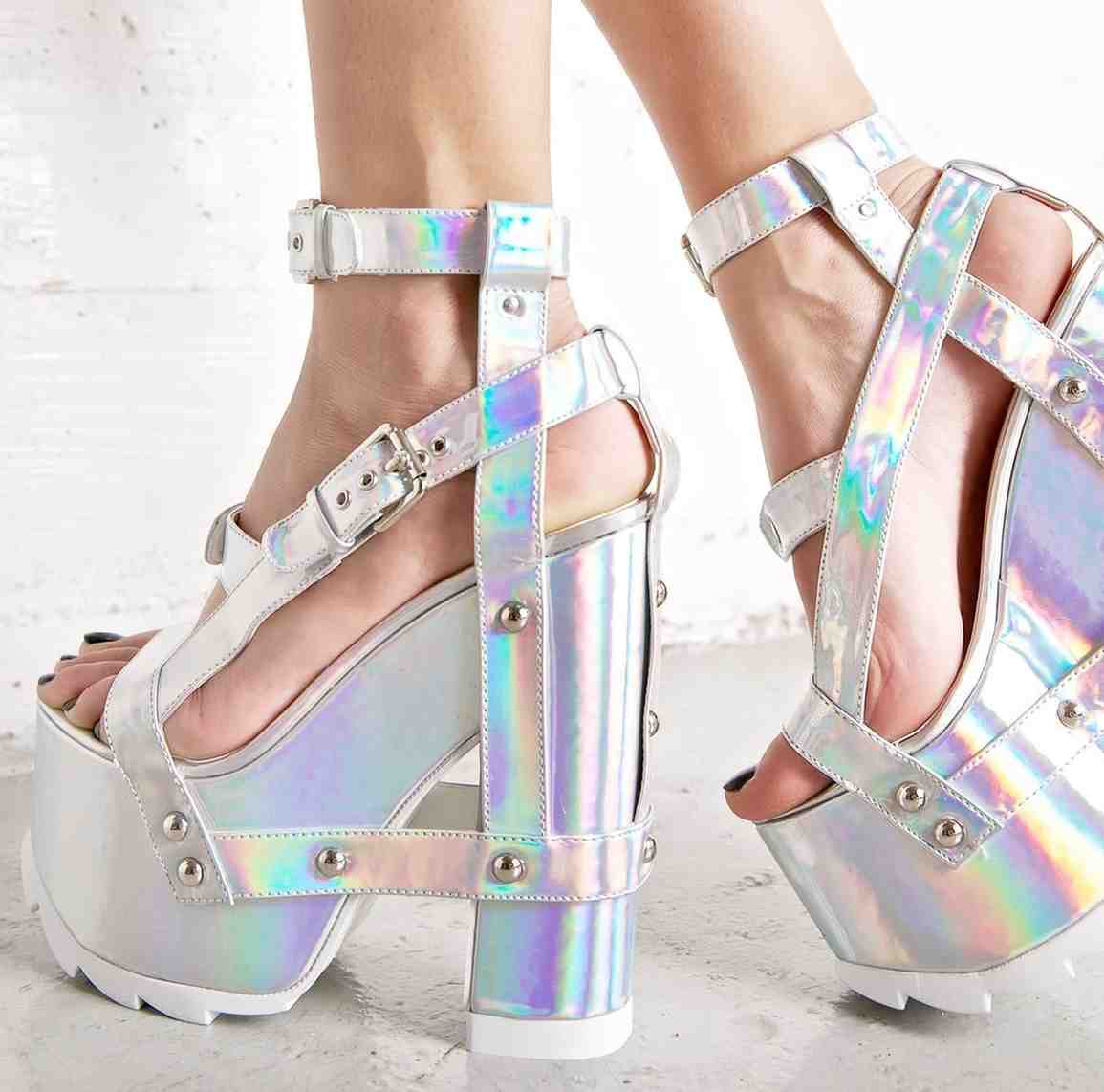 Iridescent multicolor platform heels with double buckle straps, pastel and holographic vibes, perfect for kawaii, soft girl, DDLG, and fairycore fashion
