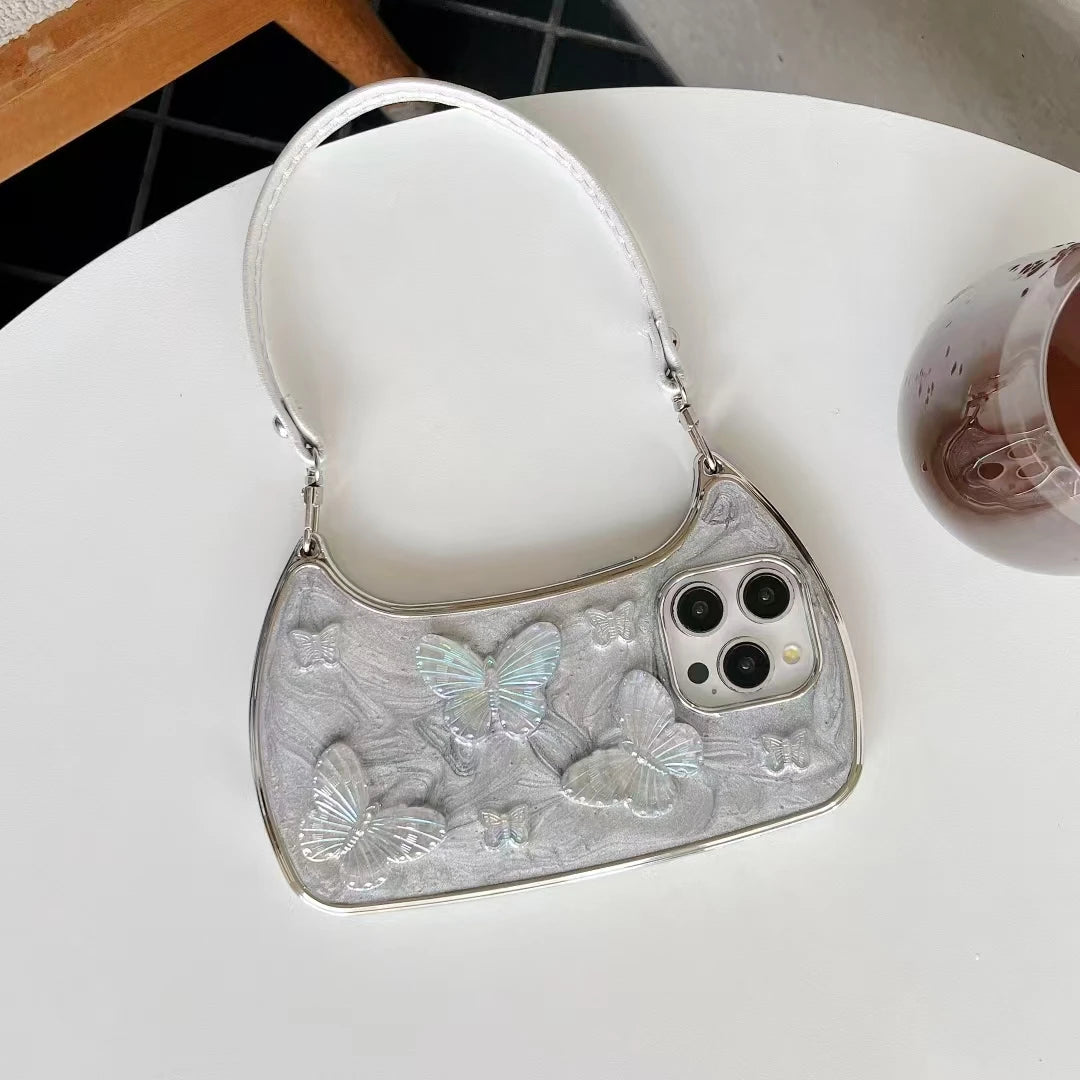 iridescent phone bag with delicate butterfly motif pastel colors soft feminine style