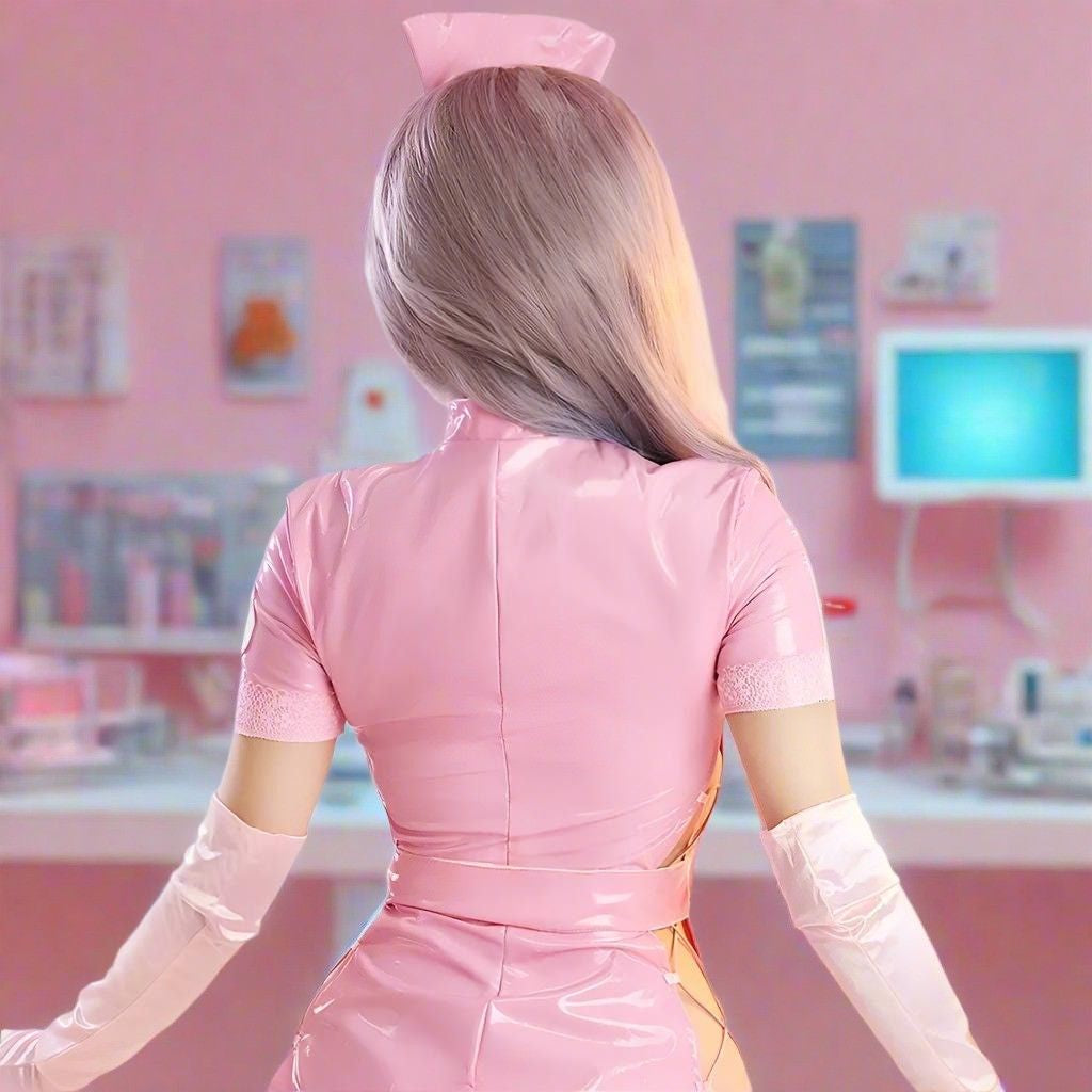 Irresistible pink nurse latex look with matching accessories, comfy stretchy fit, perfect for DDLG/ABDL playful roleplay