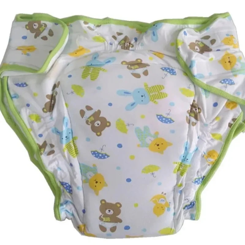Front view of Kawaii Animal Parade Diaper with colorful cartoon animal print and soft, breathable fabric