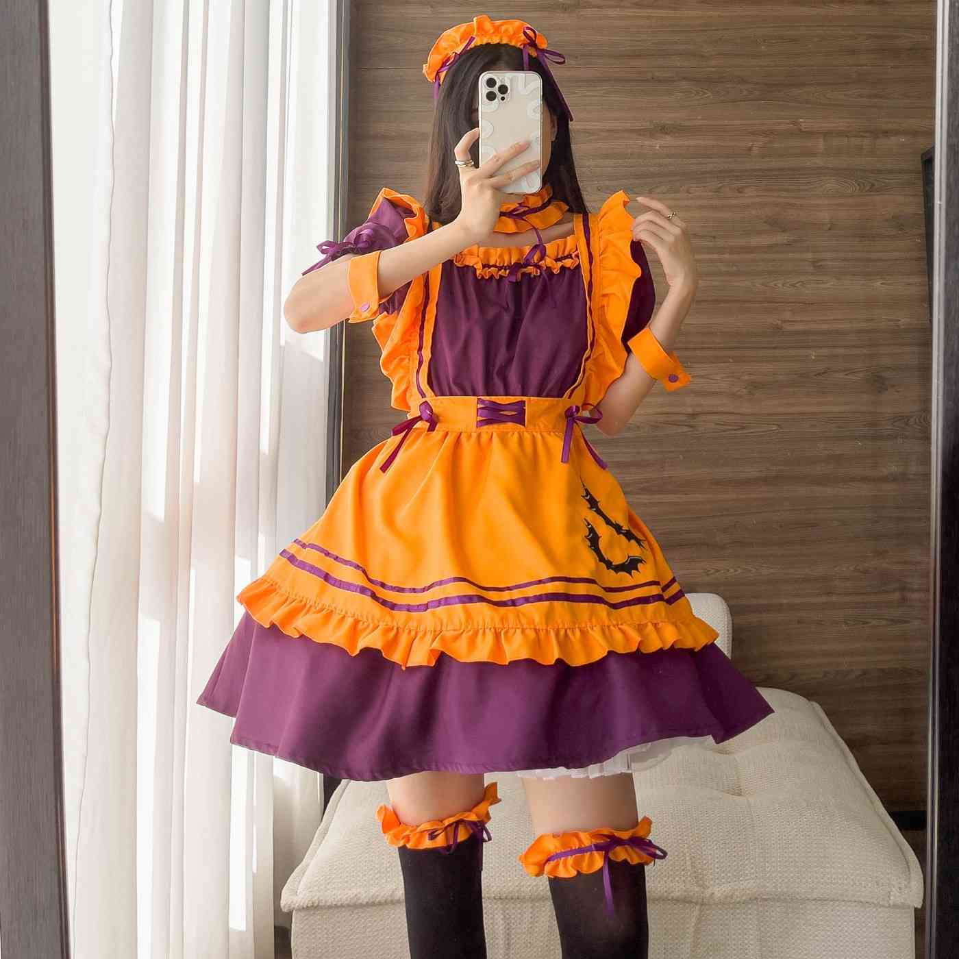 Kawaii pumpkin spice Halloween dress set with detachable sleeves, apron, and necklet for cozy ABDL DDLG fashion