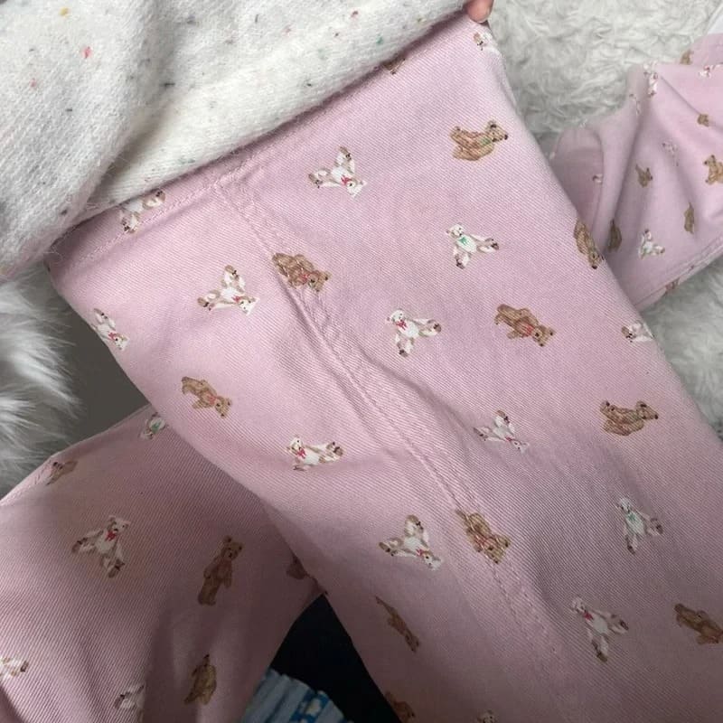 Cute teddy bear print denim pants in pastel pink for babycore, kawaii, and DDLG aesthetics