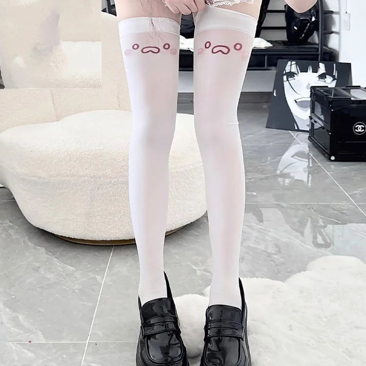 Soft, stretchy kawaii stockings featuring blushing and shy face prints for DDLG and ABDL cuties.