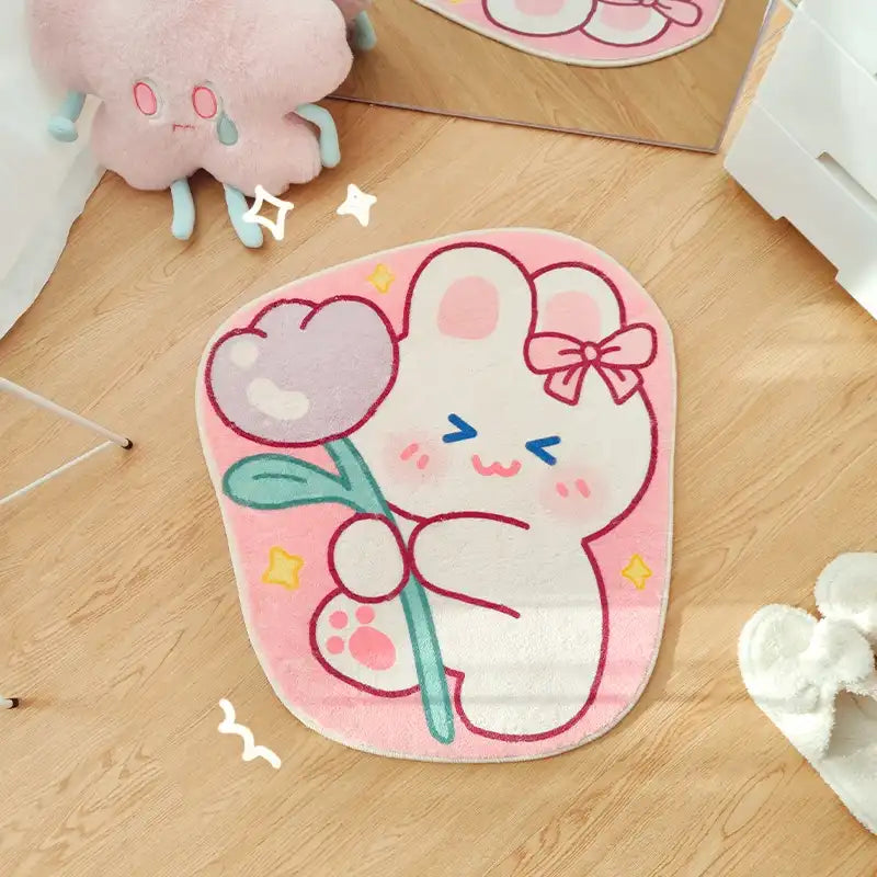Kawaii bedroom rug with cute pastel animal print