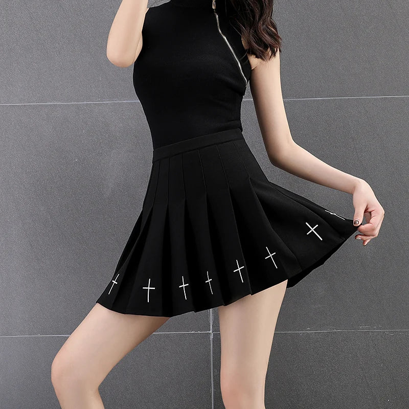 Kawaii black skirt with bold white crosses, DDLG ABDL alternative cutecore outfit.