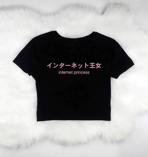 Kawaii black e-girl crop top with Japanese-inspired print, cropped cut, and comfy stretch fabric.