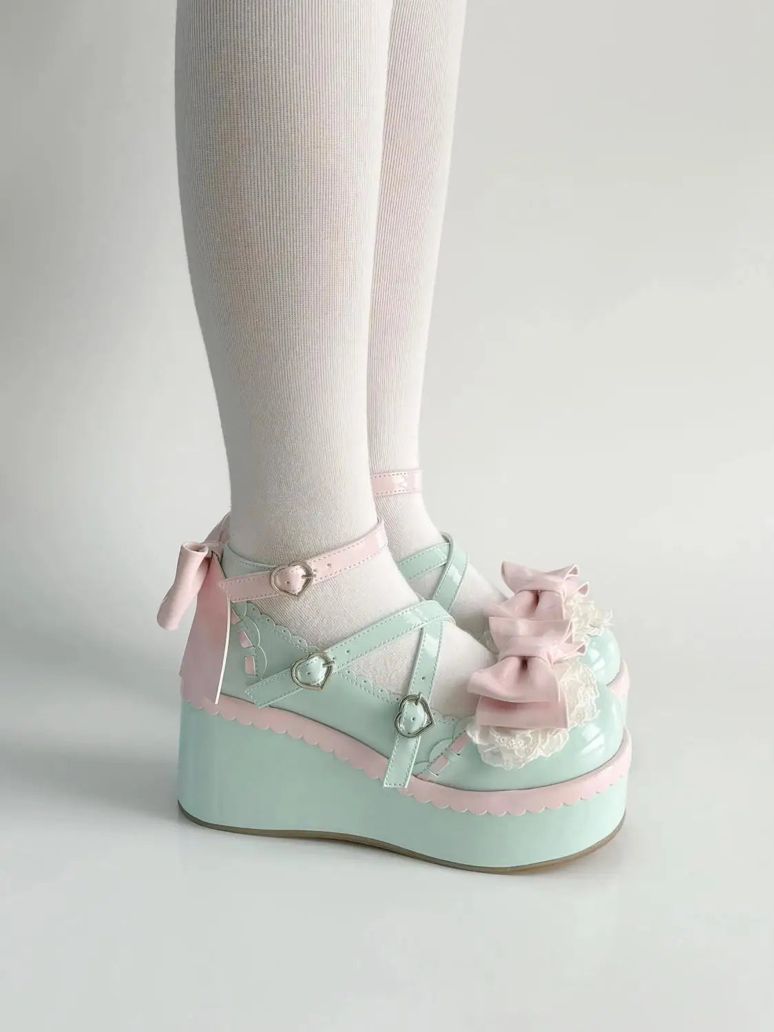 Kawaii bubblegum mint platform heels with chunky soles, bows, and heart buckles for ABDL DDLG fashion