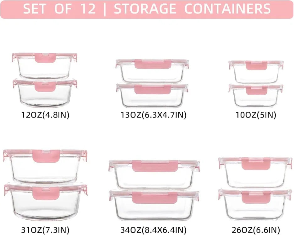 Kawaii bubblegum pink glass food storage containers with airtight lids, stackable and microwave safe