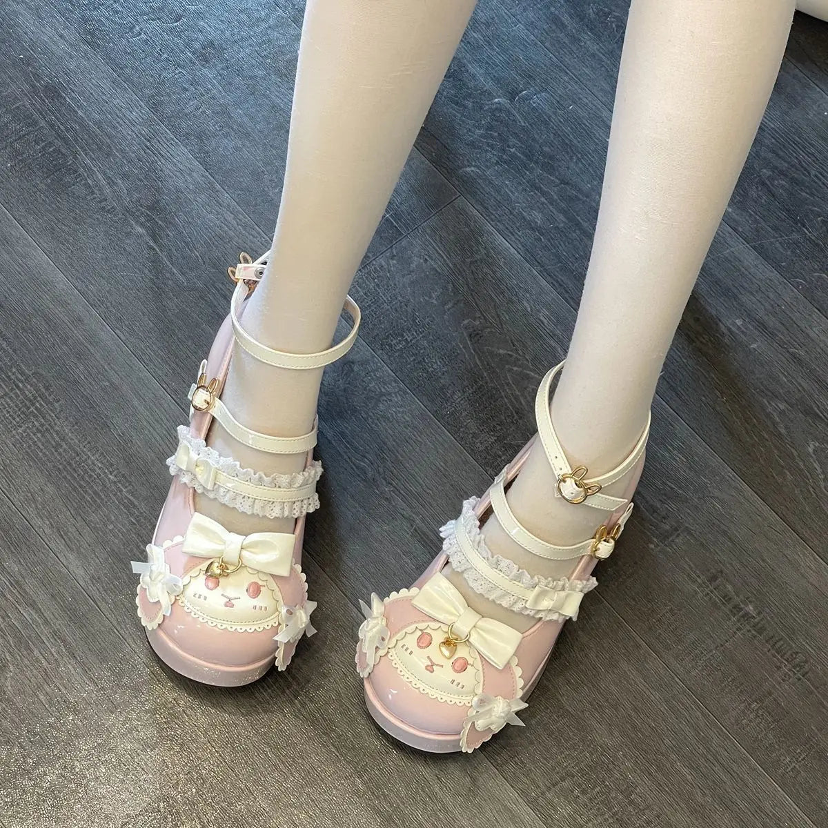 Kawaii Bunny Blink Platform Heels with flirty lace trims, bows, and whimsical pastel charm