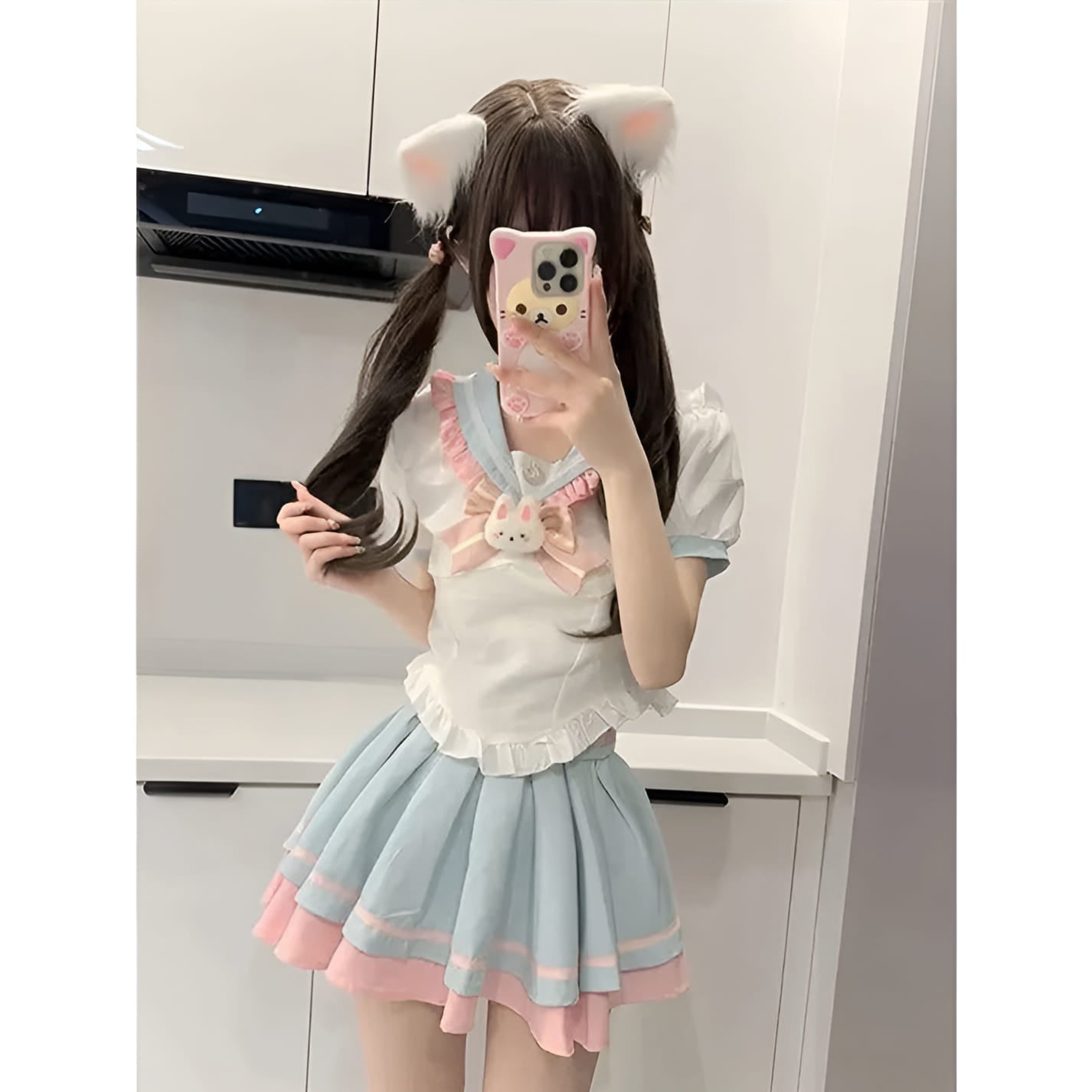 Pastel pink bunny uniform set styled for kawaii fashion, cute photoshoots, and everyday cosplay charm