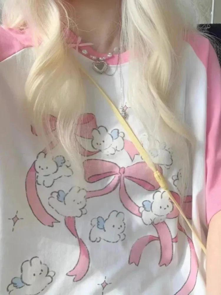Fairycore DDLG kawaii bunny circle ritual t-shirt in pastel pink and white