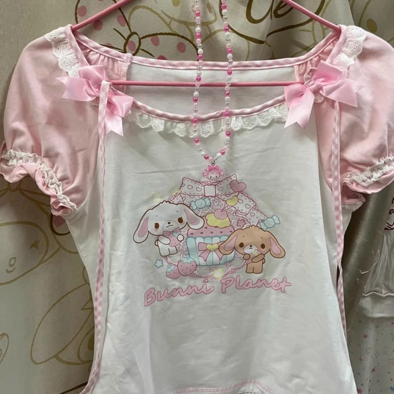 Pink and white bunny planet graphic t-shirt from the kawaii set shown alone