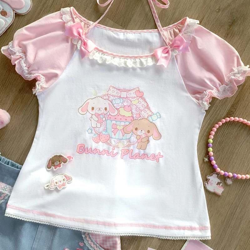 Close-up of bunny planet print t-shirt in pink and white from kawaii clothing set