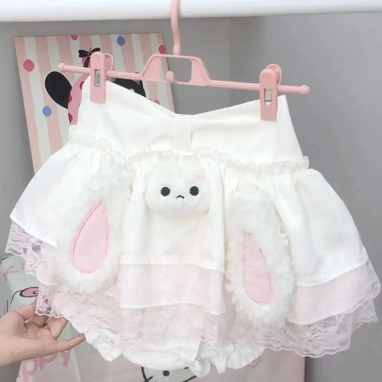 kawaii bunny playdate mini skirt 3D bunny face and ears layered frilly lace skirt for whimsical cutecore fun