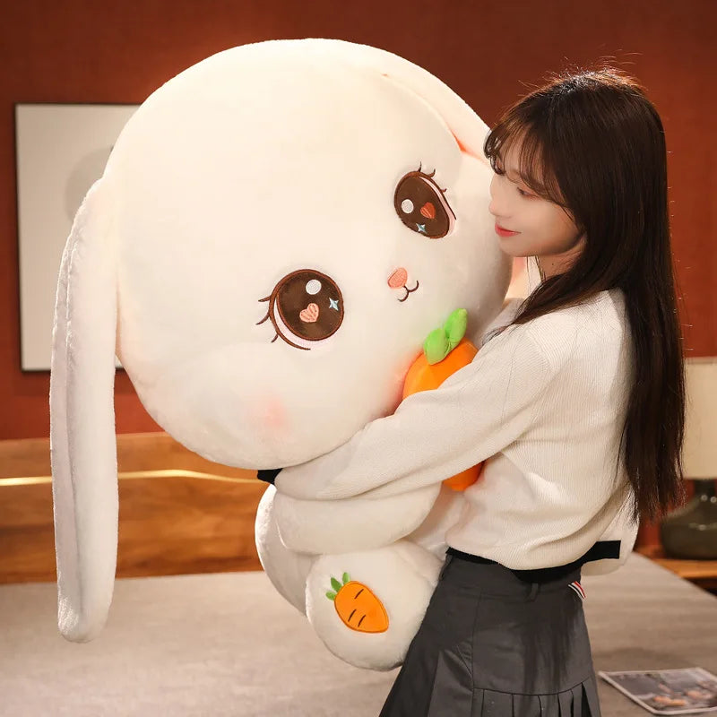 Kawaii bunny plush with chibi eyes, holding carrot, huggable 80cm snuggle toy