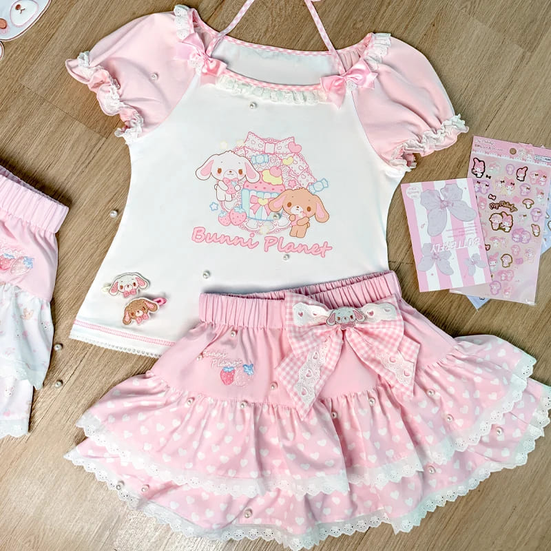 All-pink variation of the kawaii bunny planet set with soft pastel tones