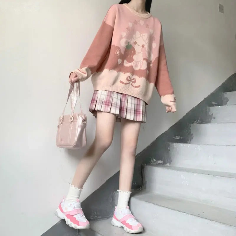 Harajuku-style knit sweater with cute bunny and strawberry design – soft pastel aesthetic for girls