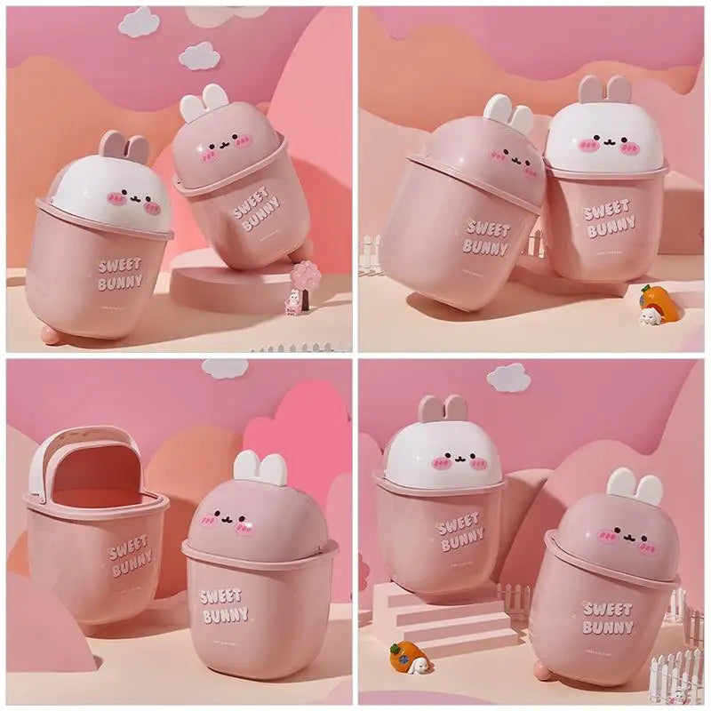Pastel collection of Kawaii Bunny Compact Trash Cans in pink, mint, lavender, and baby blue