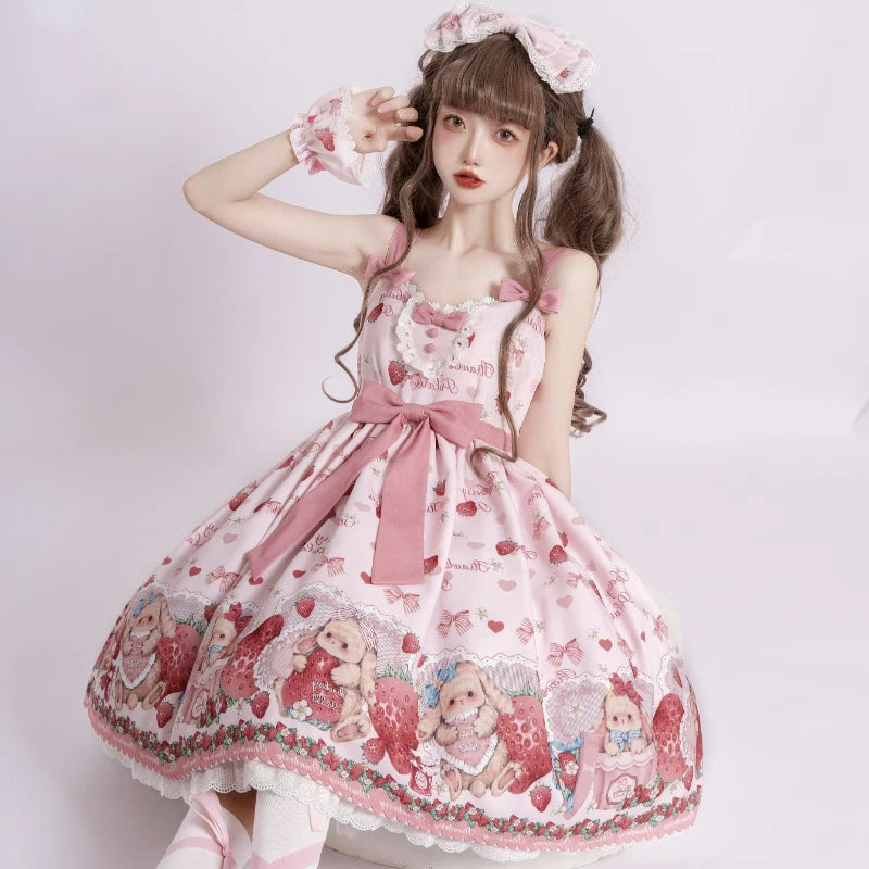 Kawaii Bunnycore strawberry lolita dress featuring puff sleeves, ruffles, and playful strawberry print