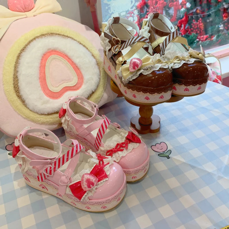 Kawaii Chocolate Strawberry Platform Shoes with pastel accents, lace details, and cozy platform soles