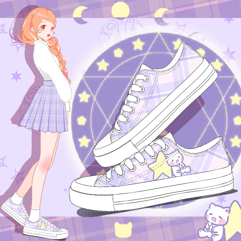 Kawaii Cosmic Plaid Sneakers featuring cozy plaid, dreamy stars, moons, and soft animal prints