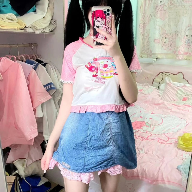 Kawaii crop top with cherry and bunny graphics, perfect for littles and pastelcore fashion lovers