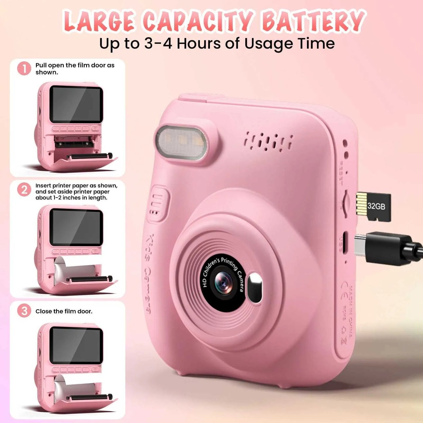 Cute kawaii instant print camera with retro style and creative photo decoration features