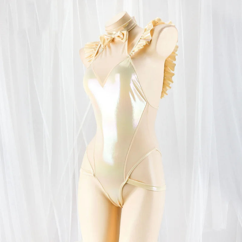 Cutecore Creamy BunBun bodysuit featuring glossy fabric, bow detail, and bunny accent