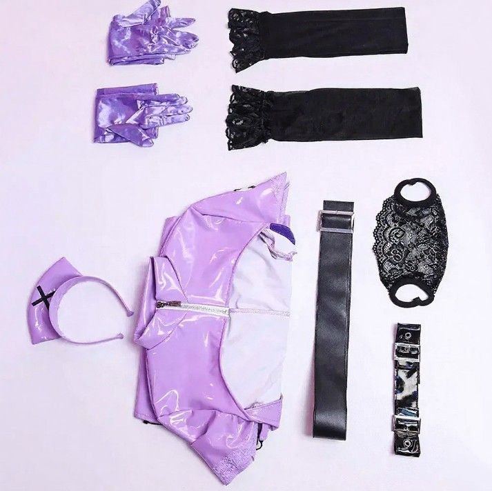 Kawaii DDLG/ABDL naughty purple nurse costume with latex mini dress, sexy lace cutouts, and full roleplay set