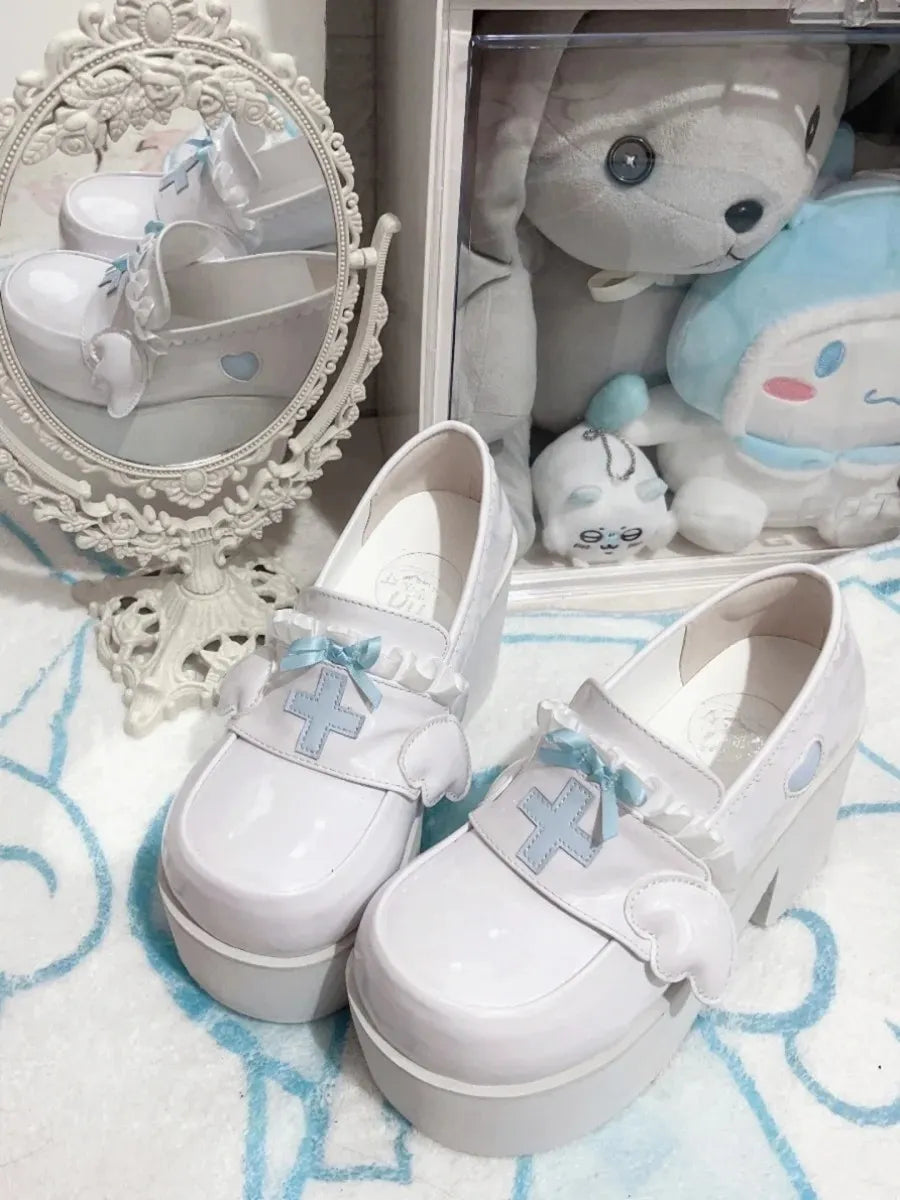 Dreamy Healing Halo Platform Heels with angel wings, cross detail, and sweet heart accents for kawaii fashion