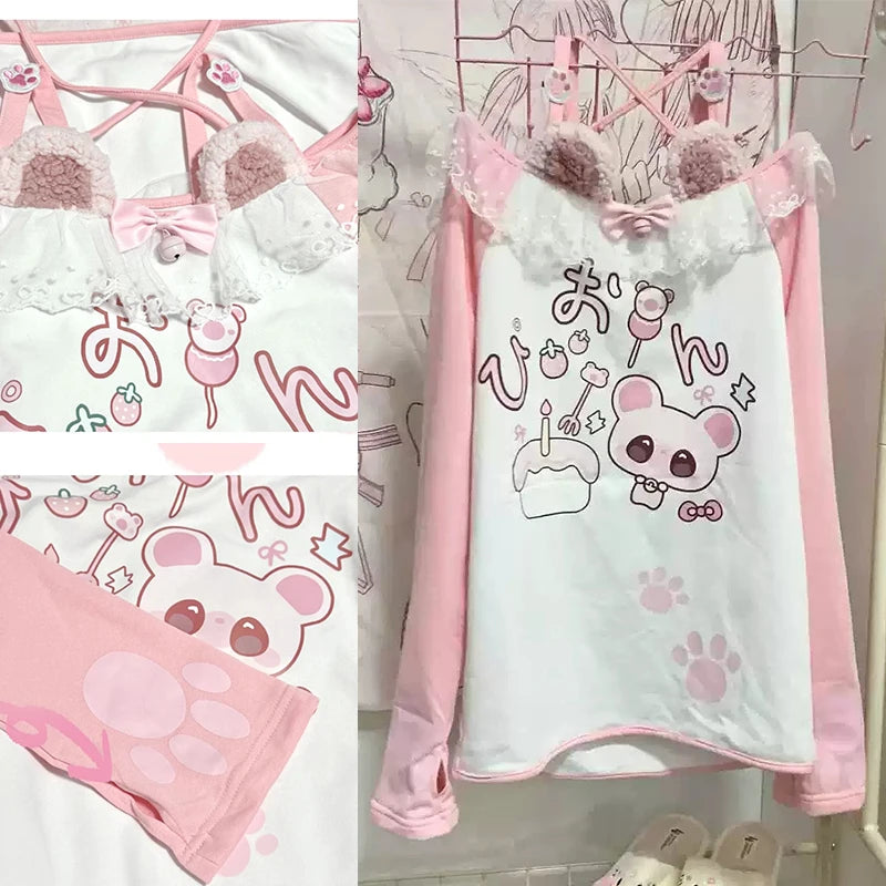 Kawaii DDLG pastel kitty top with plush furry accents and mini bell charm
