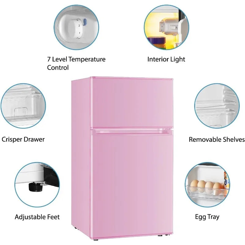 Kawaii fridge freezer with included ice tray, ice shovel, and egg holder accessories