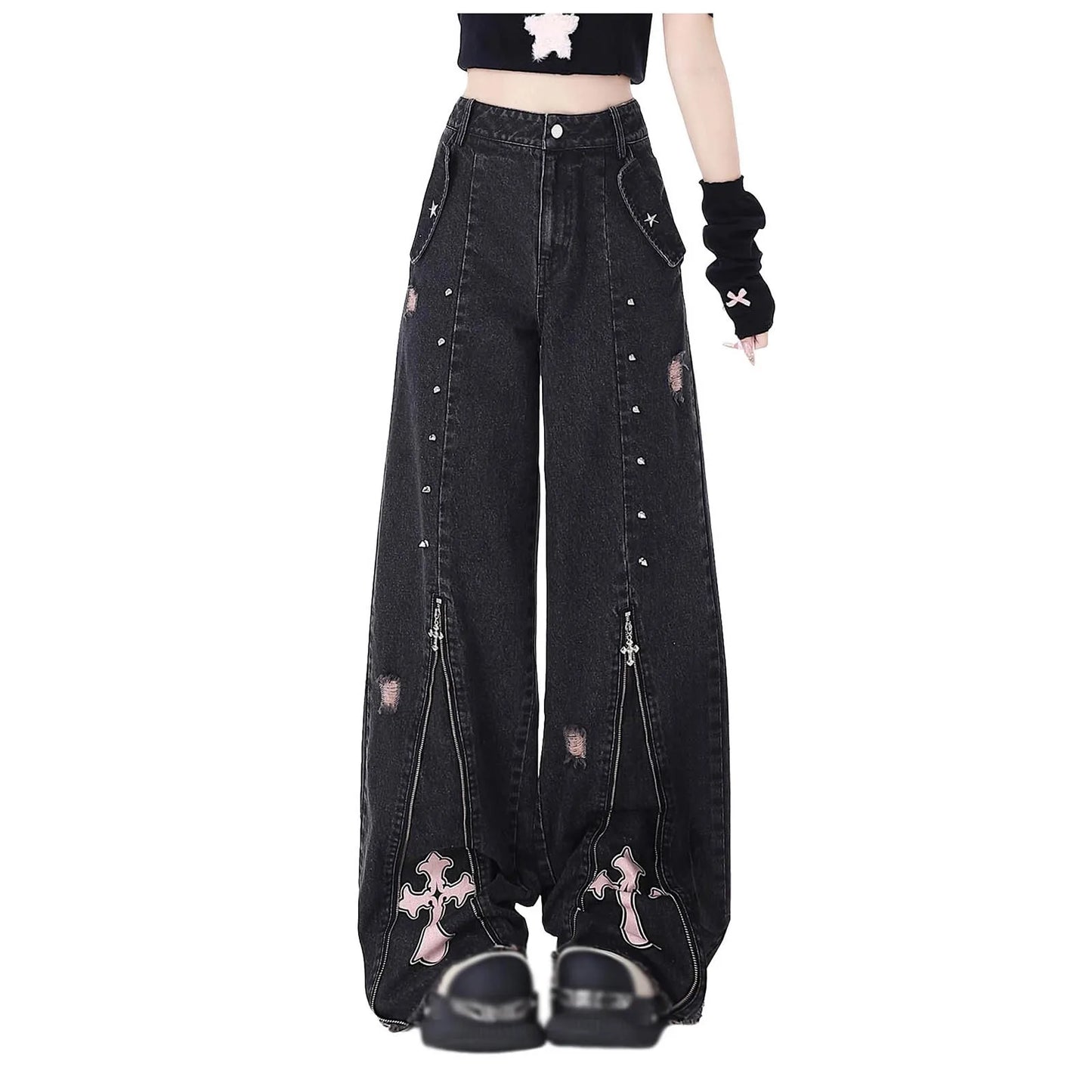 Kawaii goth Midnight Cross Denim jacket, cutecore edgy street style, bold pink graphic