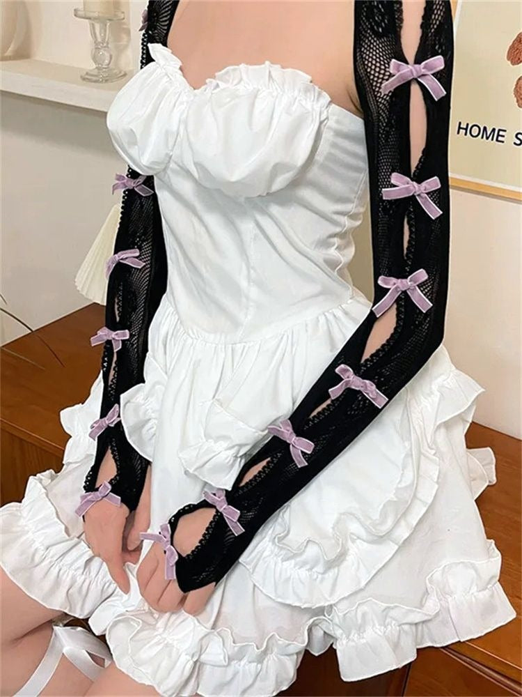 Kawaii Lace Ribbon Arm Bolero in black and lilac, full-arm lace gloves with ribbons, perfect for cutecore, cosplay, little space, and pastel aesthetic