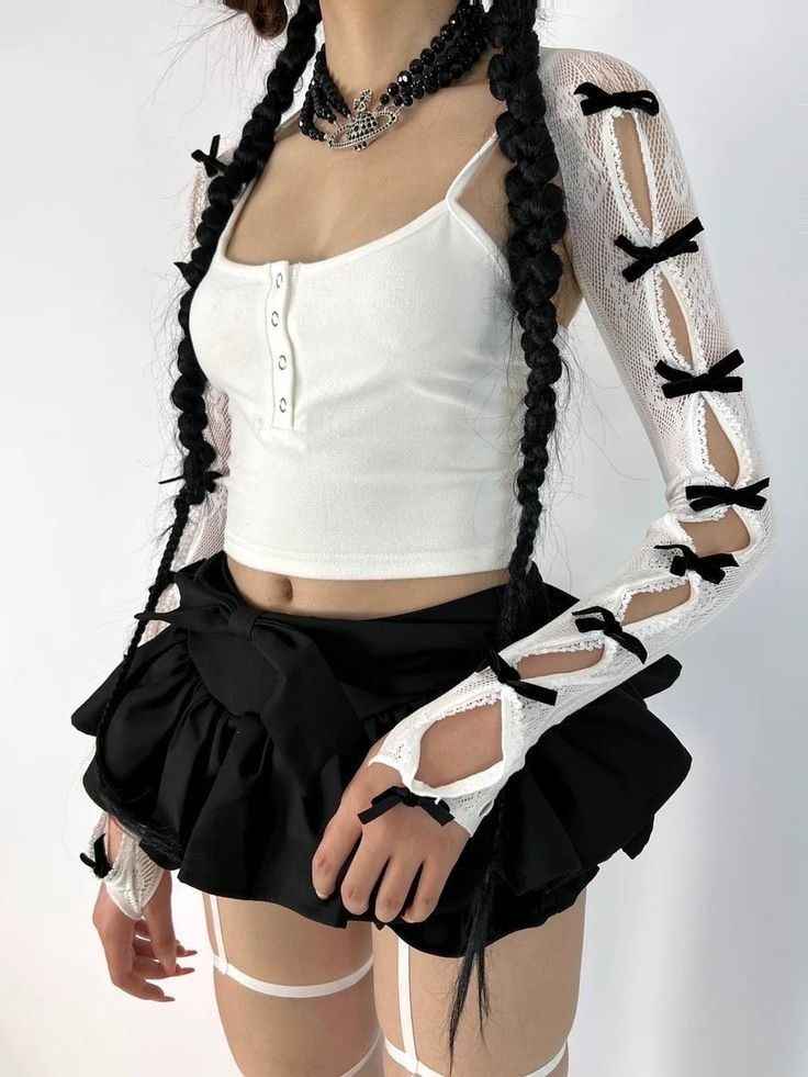 Full-arm black and white lace ribbon bolero gloves on model, cutecore and cosplay-ready, little space aesthetic
