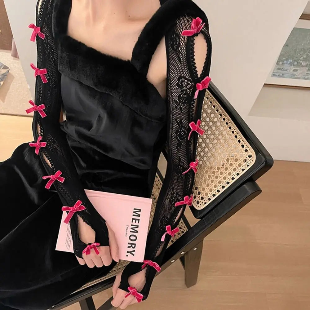 Hot pink and black lace ribbon arm bolero, full-arm lace gloves for little space, cutecore, cosplay, and playful pastel style