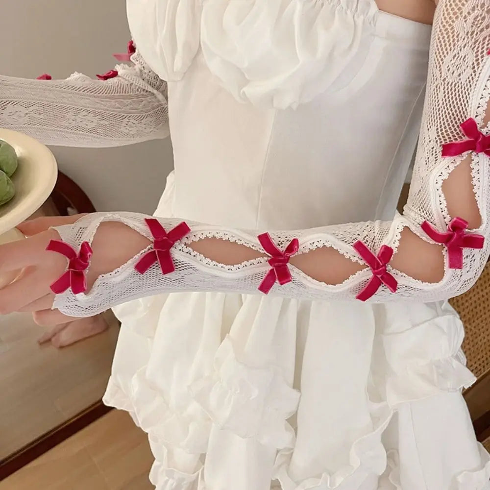 Hot pink and white lace ribbon arm bolero, full-arm kawaii gloves for little space, cutecore, cosplay, and playful pastel outfits
