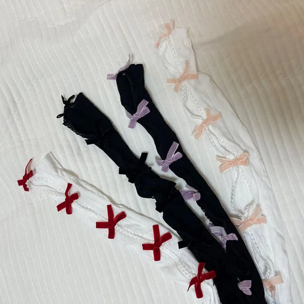 Collection of Kawaii Lace Ribbon Arm Bolero Gloves in multiple colors, full-arm lace with ribbons, perfect for little space, cosplay, and cutecore fashion