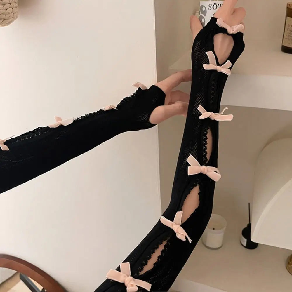 Pastel pink and black full-arm lace gloves bolero, kawaii cutecore accessory for cosplay, playdates, and little space