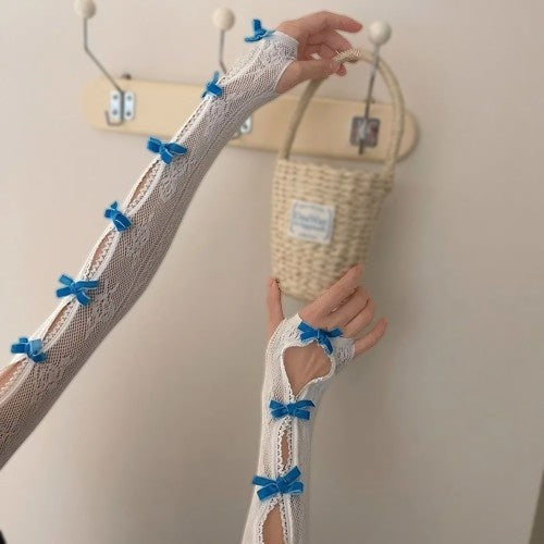 White and blue lace ribbon arm bolero, full-arm kawaii gloves with ribbon accents, perfect for little space, cosplay, or cutecore style