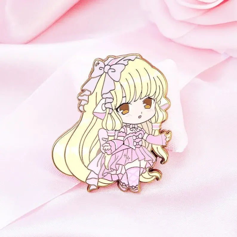 Kawaii Lolita chibi fashion enamel pin with pink dress and headwear for bags, jackets, or ita bags