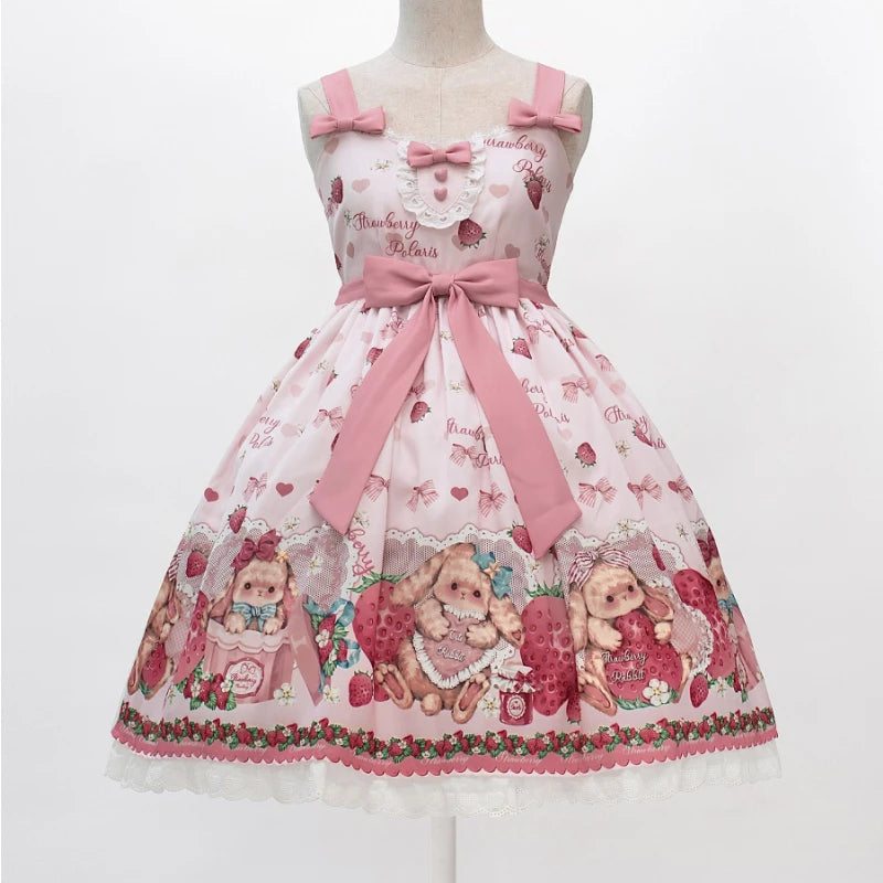 Kawaii Bunnycore lolita dress in pink with strawberry and bow print, designed for cute and comfy wear