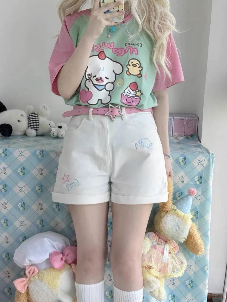 Kawaii pastel bakery shirt with oversized fit and cat graphic