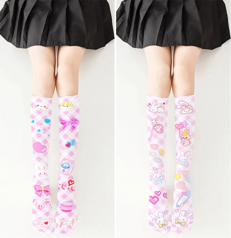 Adorable pastel stockings with ribbons, hearts, and playful paw prints, perfect for kawaii cutecore fashion