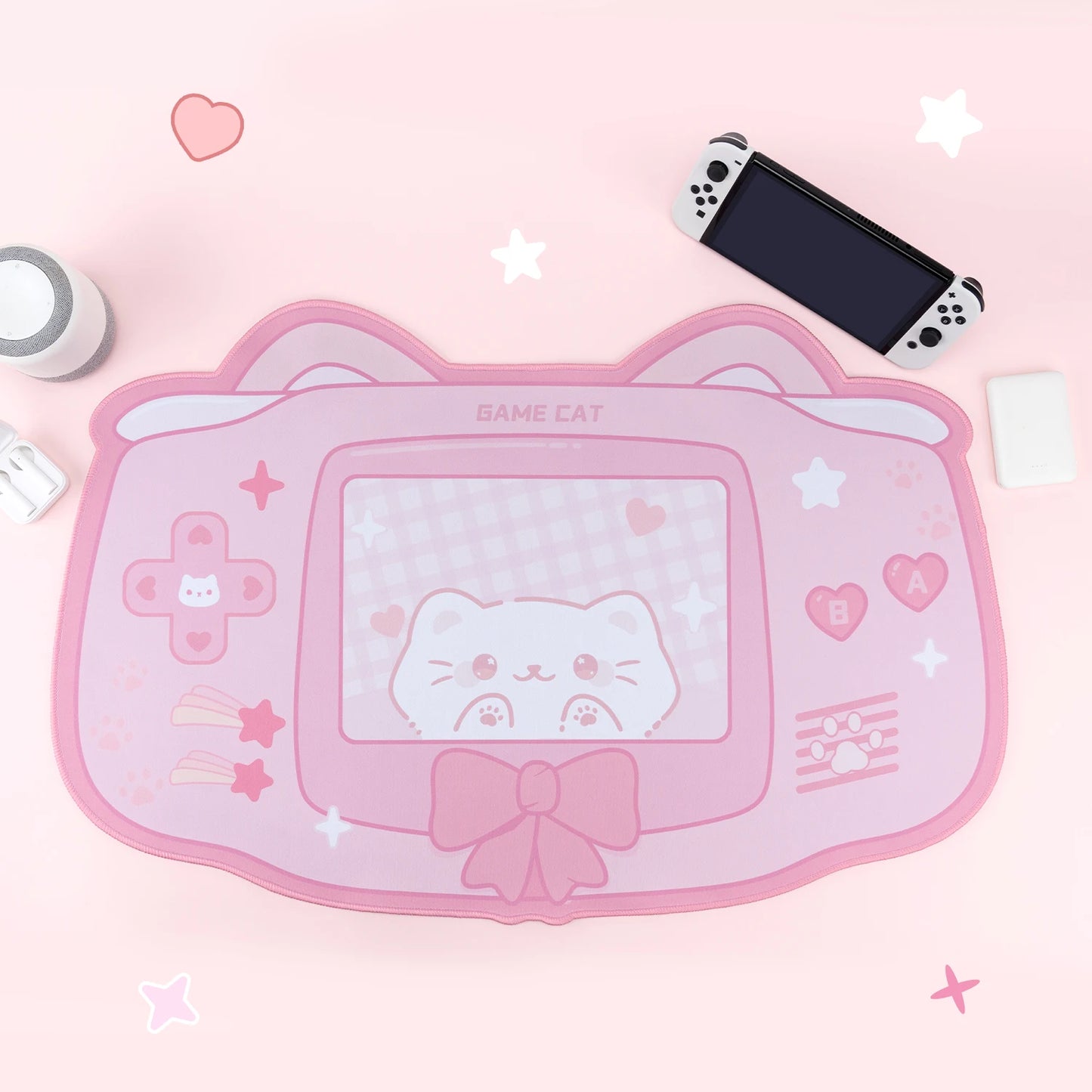 Pink kawaii cat ear mousepad with vibrant cartoon design, soft fabric, and anti-slip rubber backing for gaming