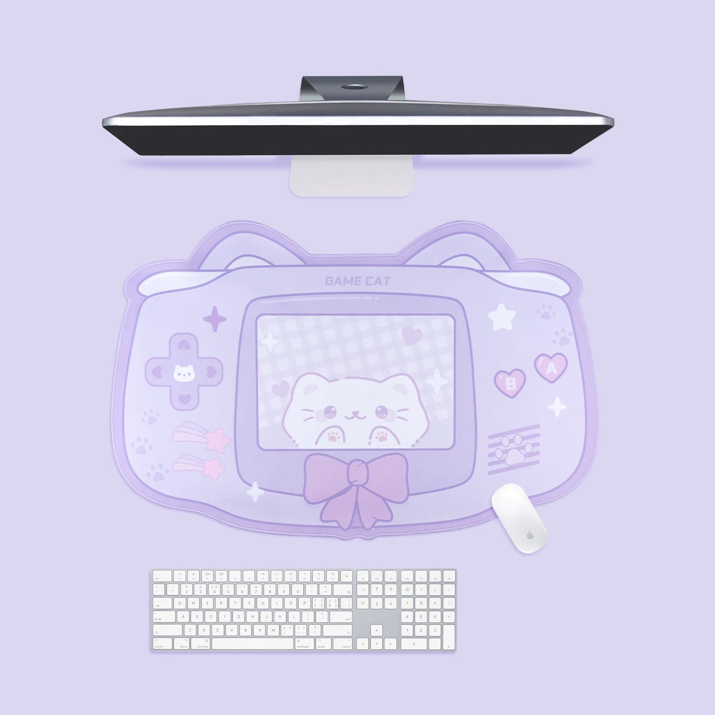 Purple pastel cat ear mousepad with cute cartoon print and durable anti-slip backing, perfect for kawaii gaming setups