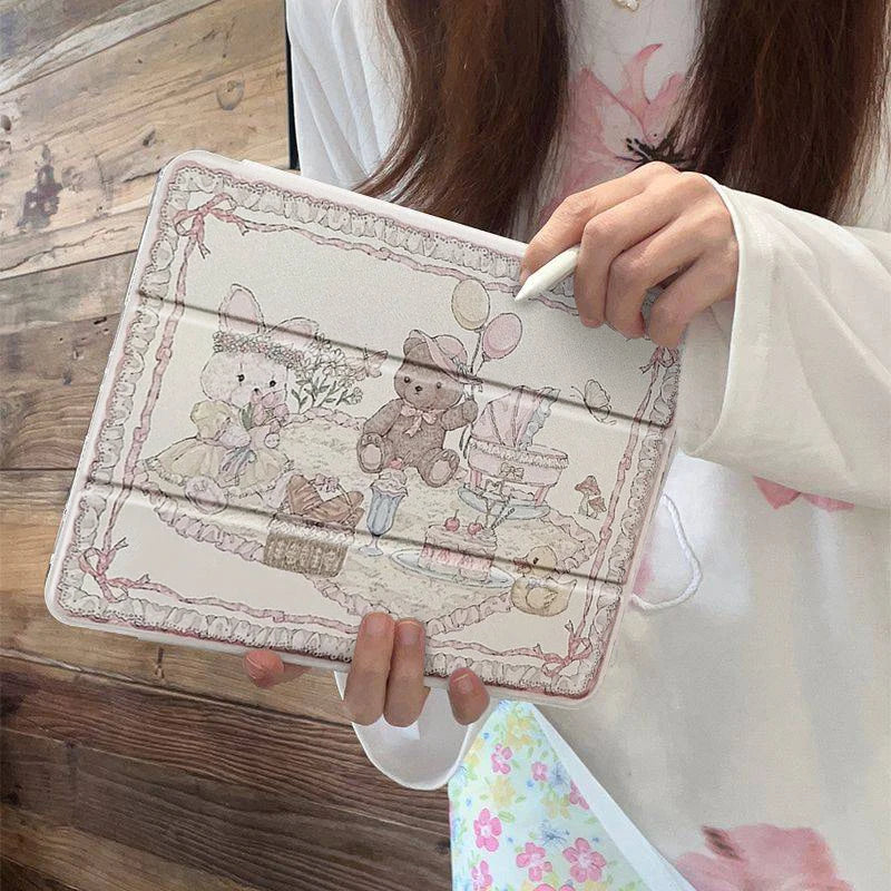 Kawaii pastel iPad cover featuring picnic bear and bunny design for watching videos and gaming 💖