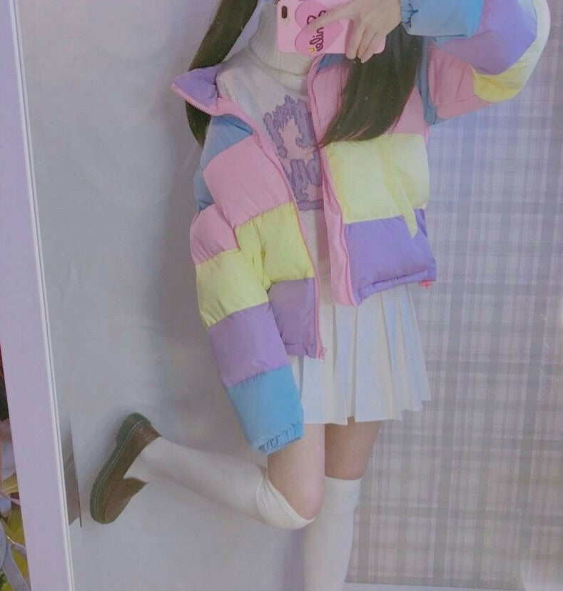 Kawaii pastel puffer jacket with oversized hood, perfect for ddlg and abdl cozy outfits.