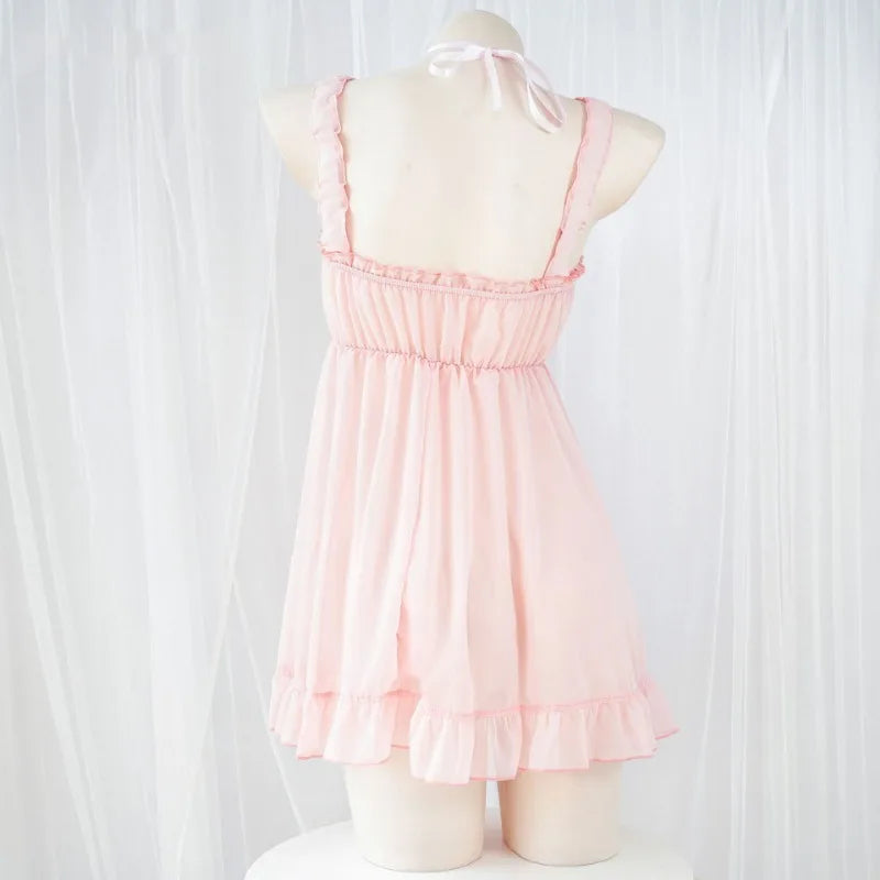 Kawaii pastel rose bedtime dress, flowy silhouette, dreamy cutecore outfit for soft cozy nights