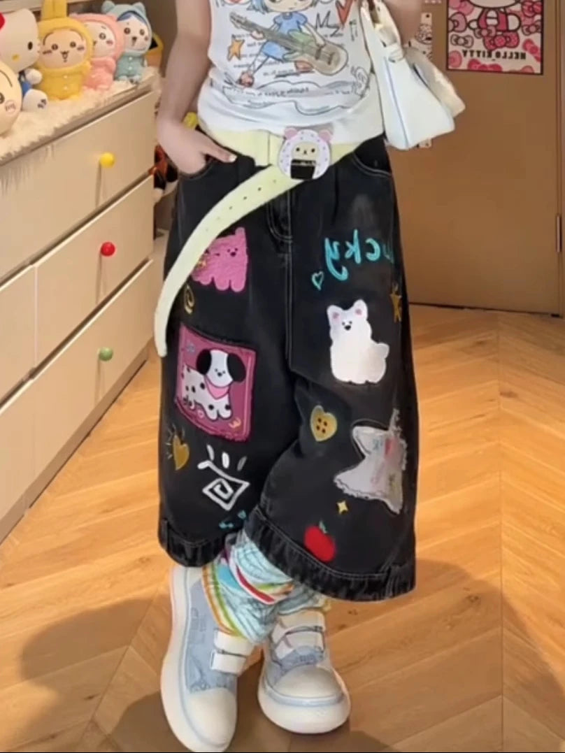 Kawaii Lucky Charm Patchwork Denim decorated with playful puppies, apples, and sun patches, babycore fashion